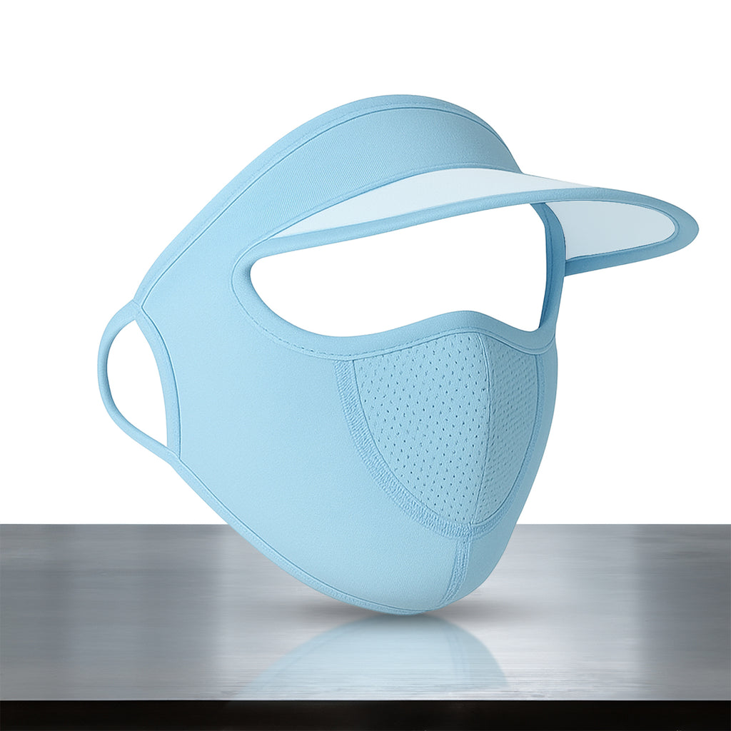 Woman cycling outdoors wearing a blue full face sun hat for comprehensive sun and dust protection.