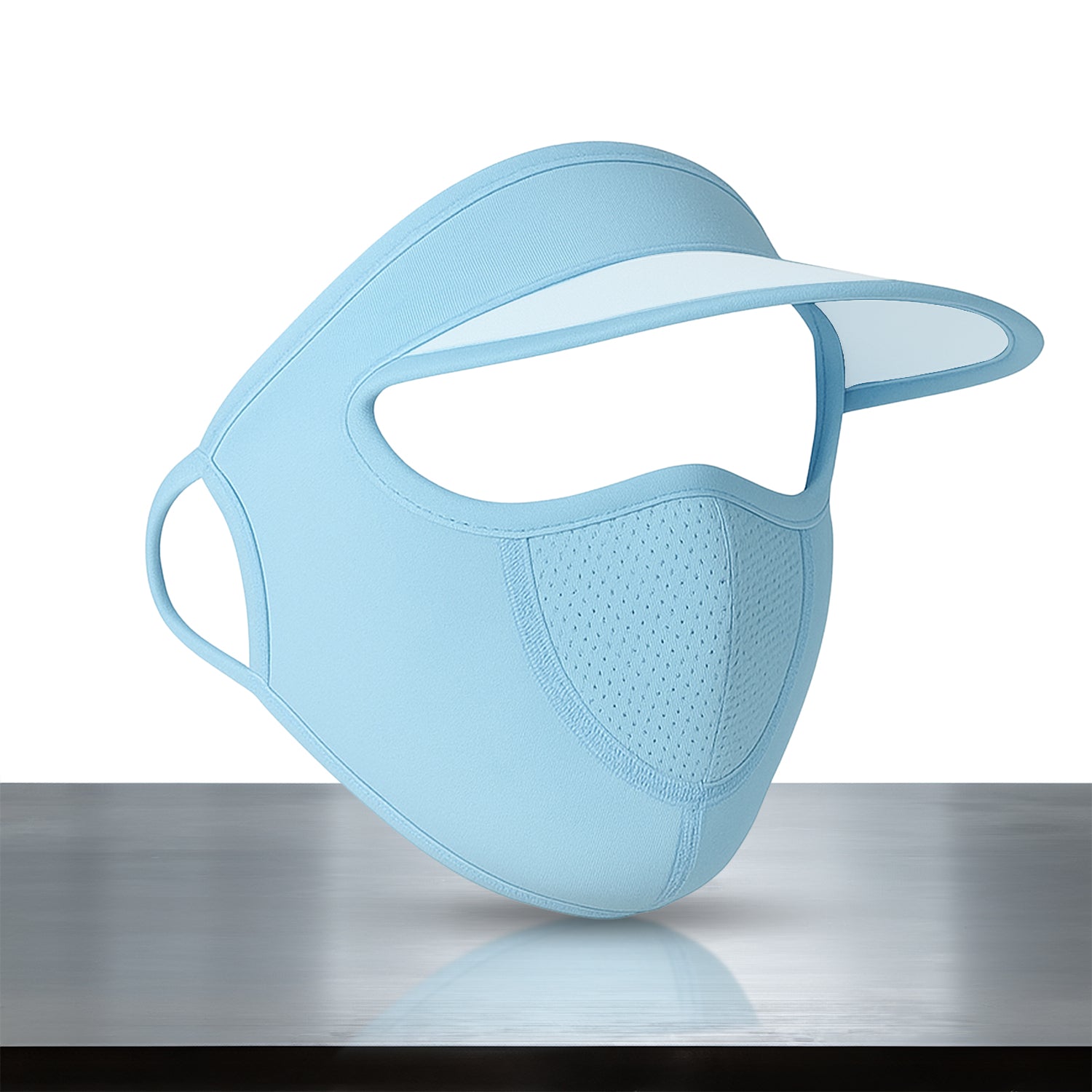 Woman cycling outdoors wearing a blue full face sun hat for comprehensive sun and dust protection.