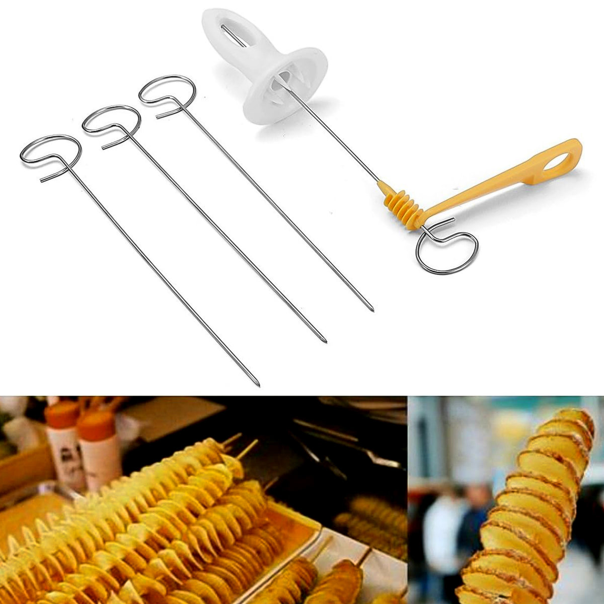 Potato twister mechanism slicing a potato into a spiral