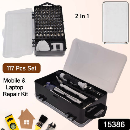 117-piece electronic repair tool kit open with all accessories