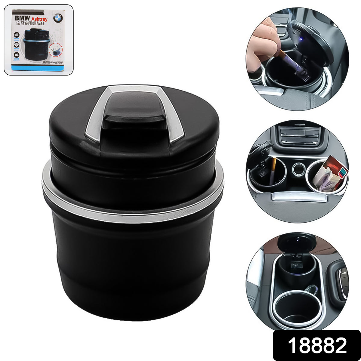 Portable Car Ashtray with Lid & Blue LED Light on white background
