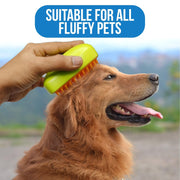 A hand brushes the head of a golden retriever with the lime green and orange pet grooming tool outdoors.