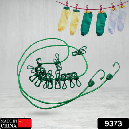 Portable elastic clothesline with 12 metal clips, ready for use