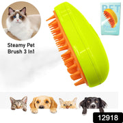 A lime green and orange pet brush is displayed with a cat, three dogs, and a product box.