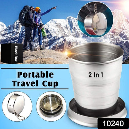 Collapsible stainless steel camping cup with keychain folded