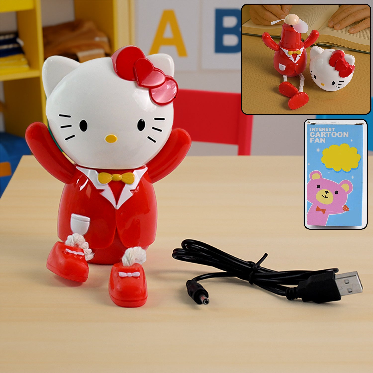 USB powered kids mini table fan with its detachable kitty head showing the blades.