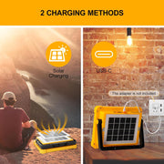Split image showing solar charging in a mountainous outdoor setting and USB-C charging with a wall outlet.