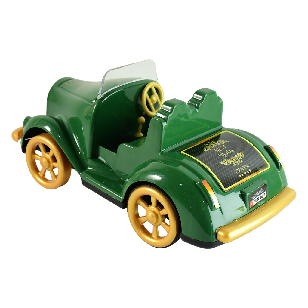 Child's hand pushing the Funwoods vintage friction car toy on a wooden surface