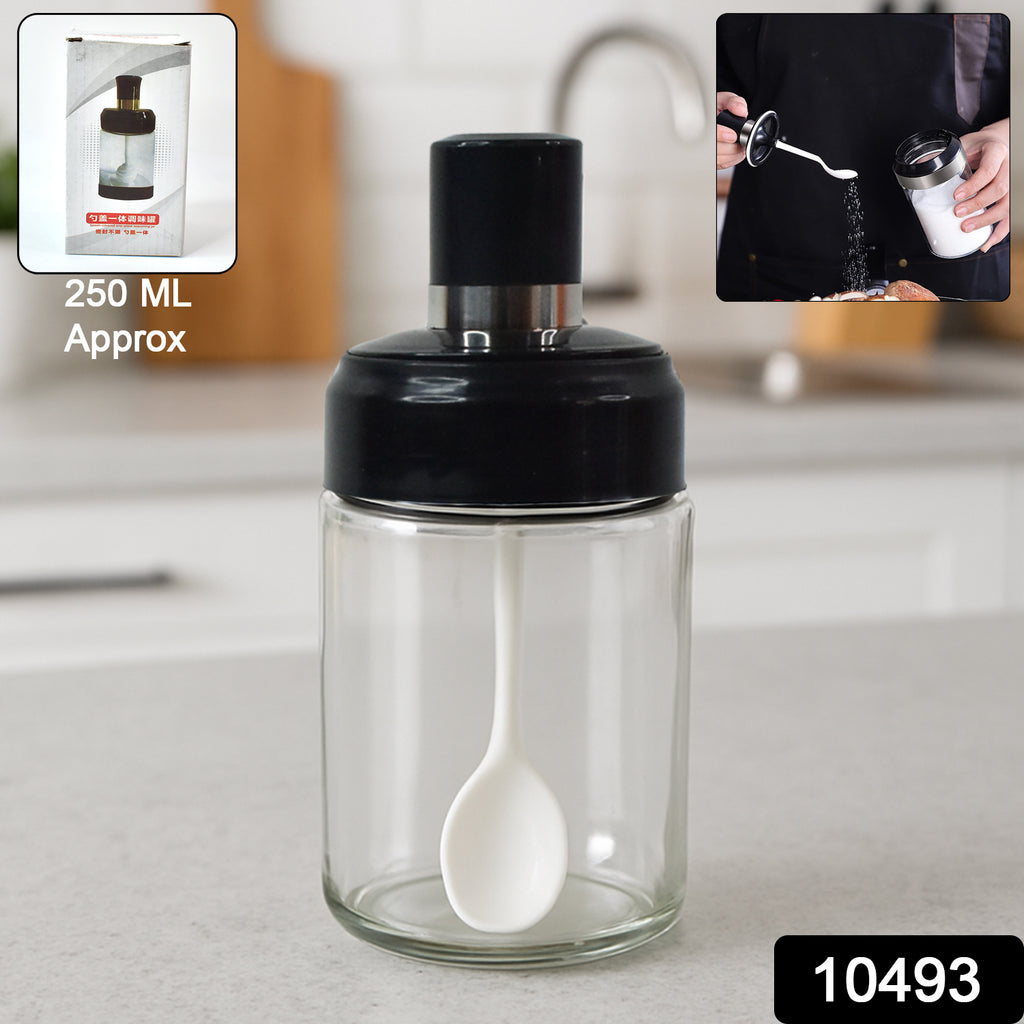 250ml transparent glass storage jar with built-in spoon and airtight rotating lid