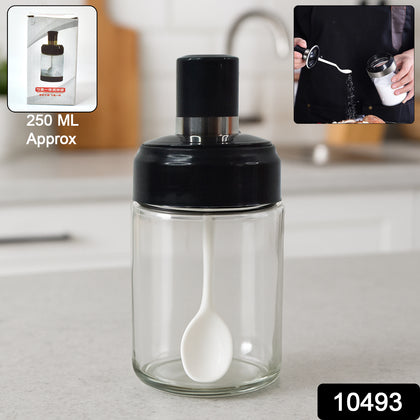 250ml transparent glass storage jar with built-in spoon and airtight rotating lid