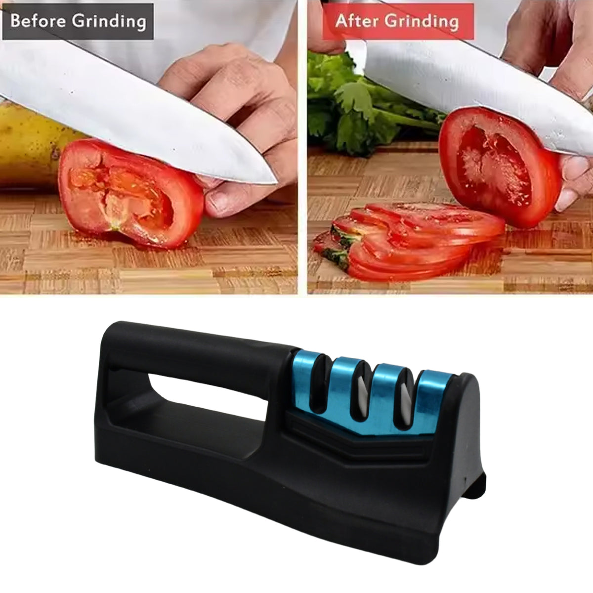 Hand using knife sharpener on kitchen knife blade