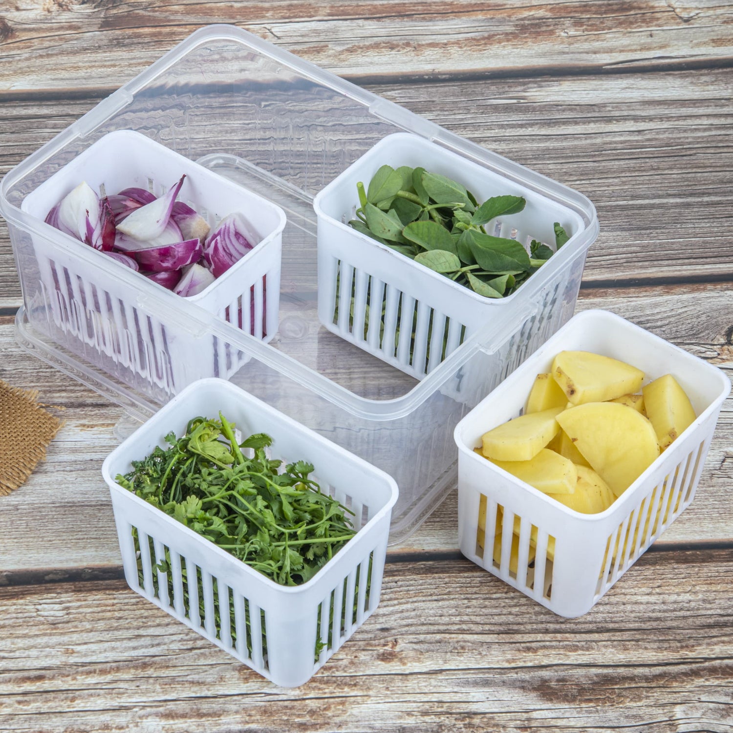 Fridge Storage Box – 4-Grid Vegetable Draining Crisper for Kitchen & Refrigerator