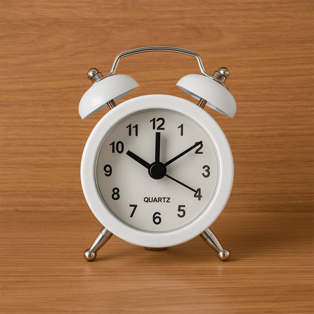 Twin-bell alarm clock on a bedside table with a book