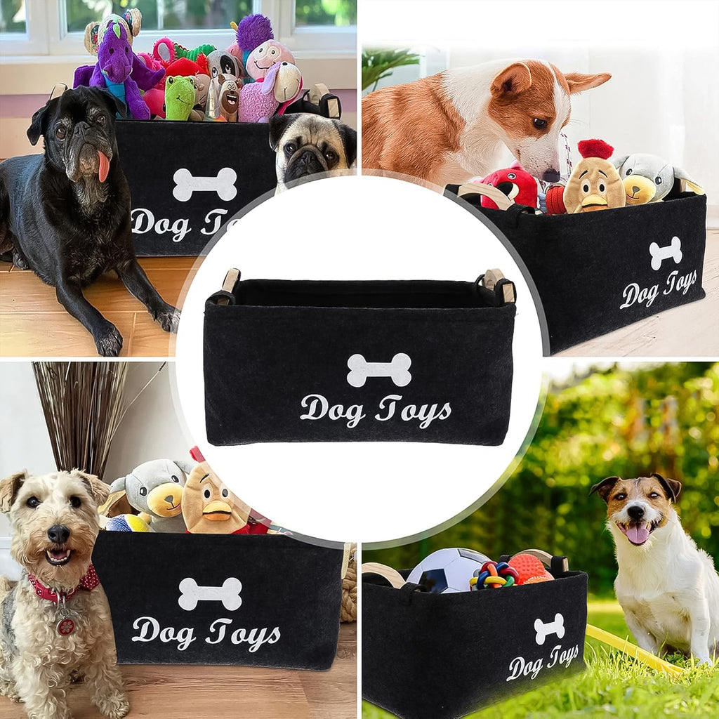 Close-up view of the 'Dog Toys' print and bone icon on the felt storage basket.