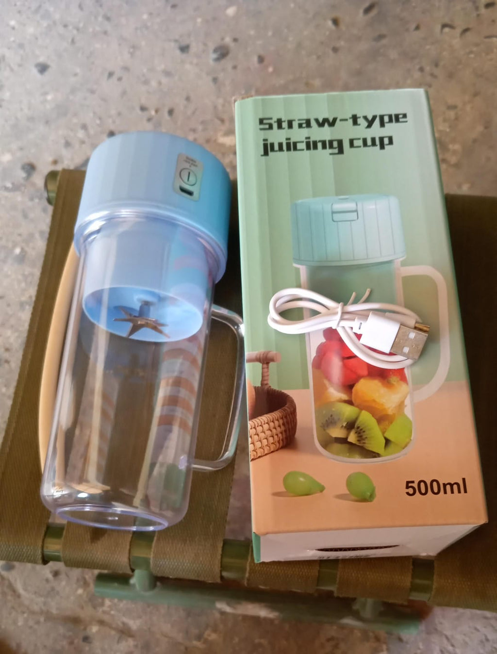 The compact portable blender on a table, perfect for making fresh drinks at home or office.