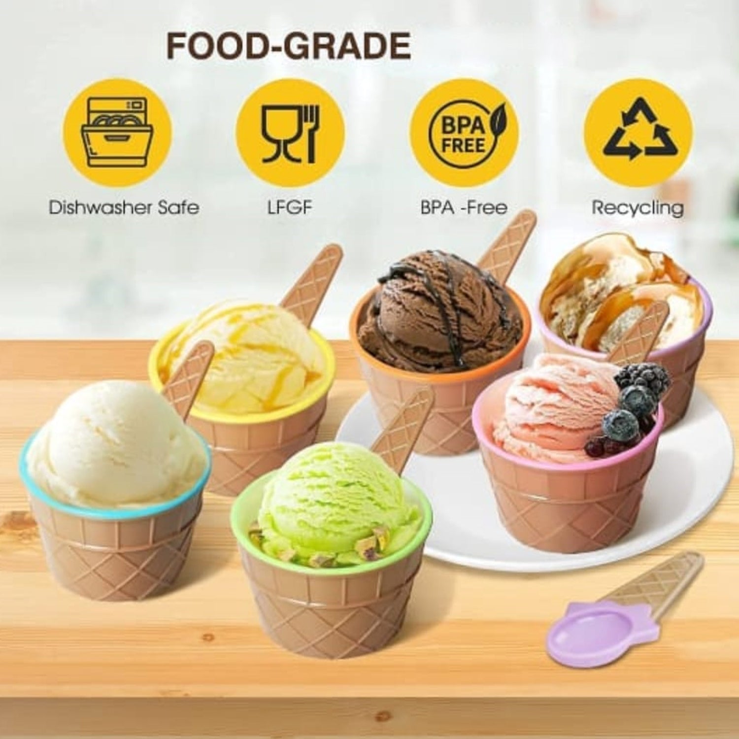 Ice Cream Bowl & Spoon Set – 12-Piece Plastic Solid Color Cream Cups with Spoons (Multi-Color)