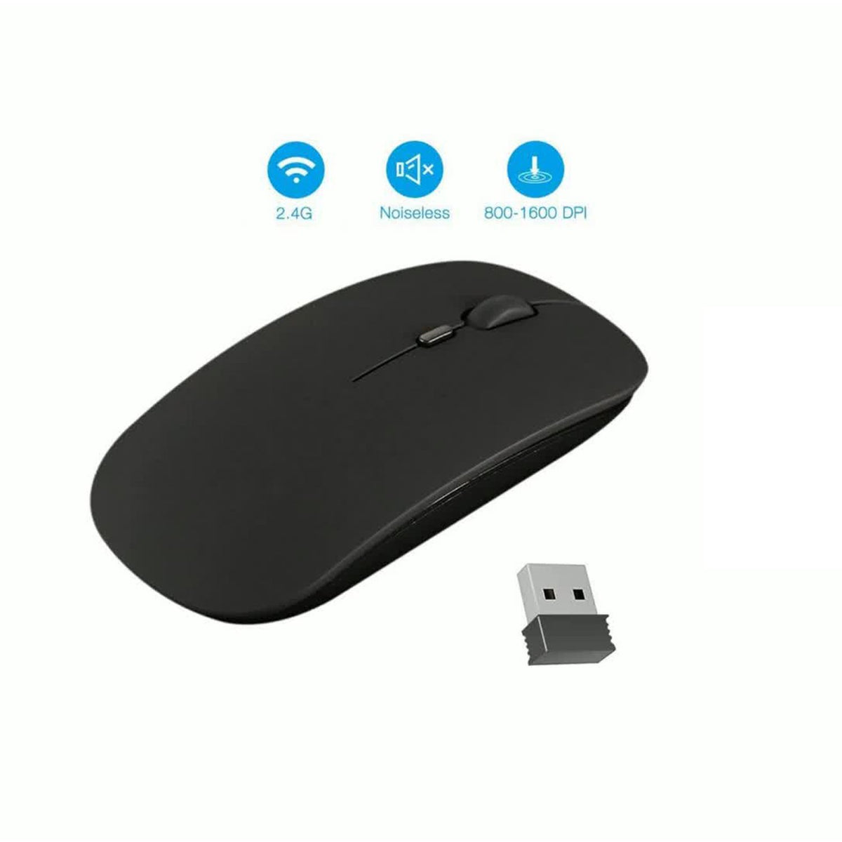Wireless mouse top view displaying buttons and scroll wheel