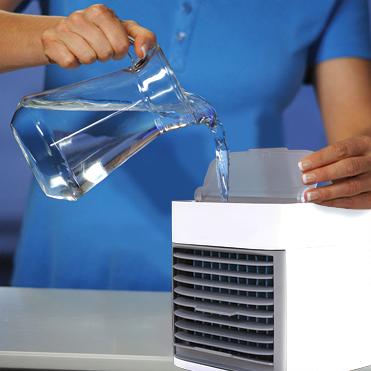Air cooler beside office desk showing size