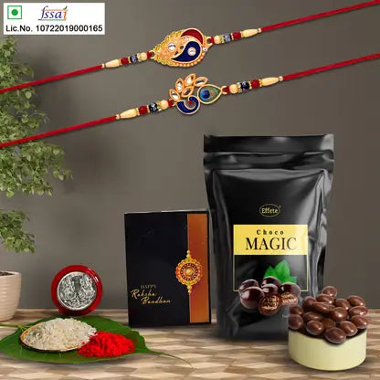 Complete Rakhi Gift Set for Brother, featuring designer Rakhis, Choco, silver coin, Roli Chawal.