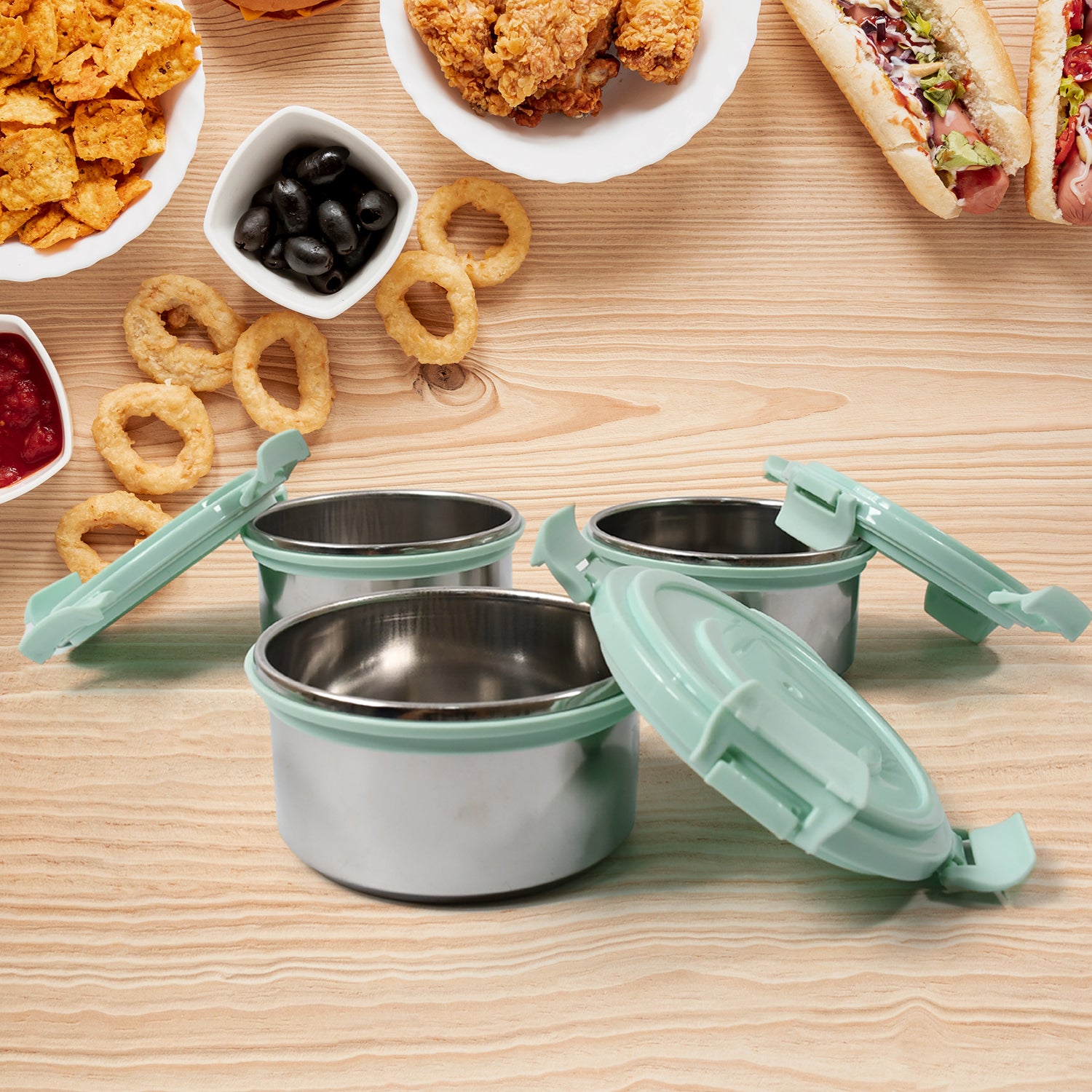 4-in-1 Lunch Box Set – 3 Steel Containers + Salad Box with Zip Bag, Leak-Proof & Microwave Safe
