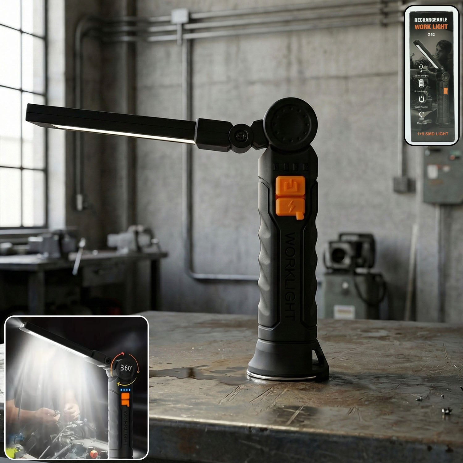 Side view of rechargeable adjustable LED work light