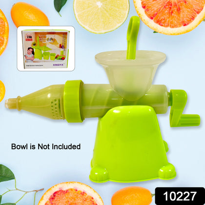 Manual plastic juicer for fruits and vegetables with metal handle front view