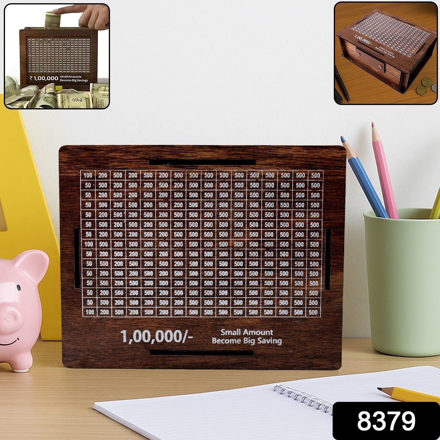 Wooden piggy bank with carved design and marker pen