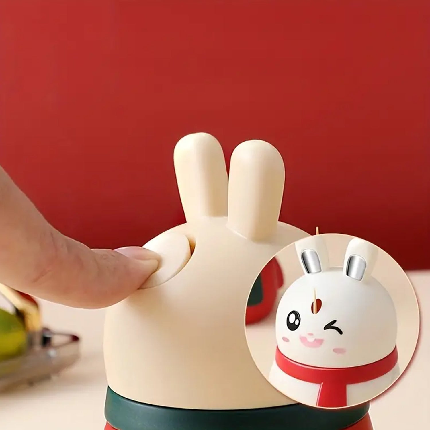 The rabbit toothpick dispenser in a home setting, suggesting its use as a table decoration.
