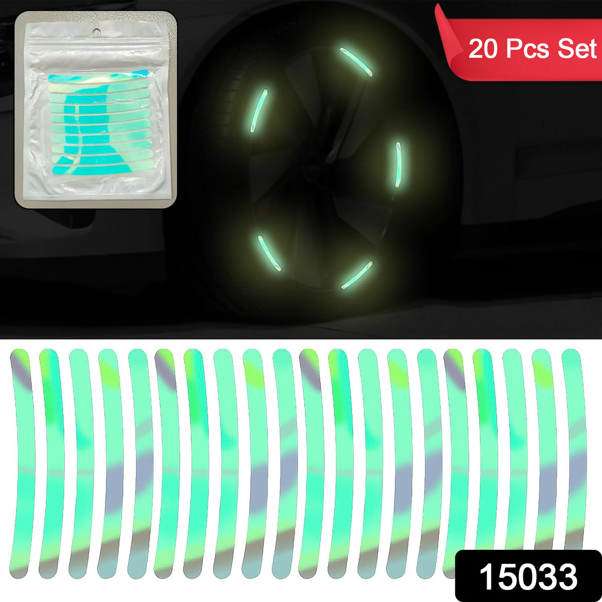 A package of twenty iridescent reflective strips and a car wheel with six glowing strips applied.