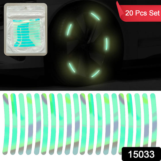 A package of twenty iridescent reflective strips and a car wheel with six glowing strips applied.