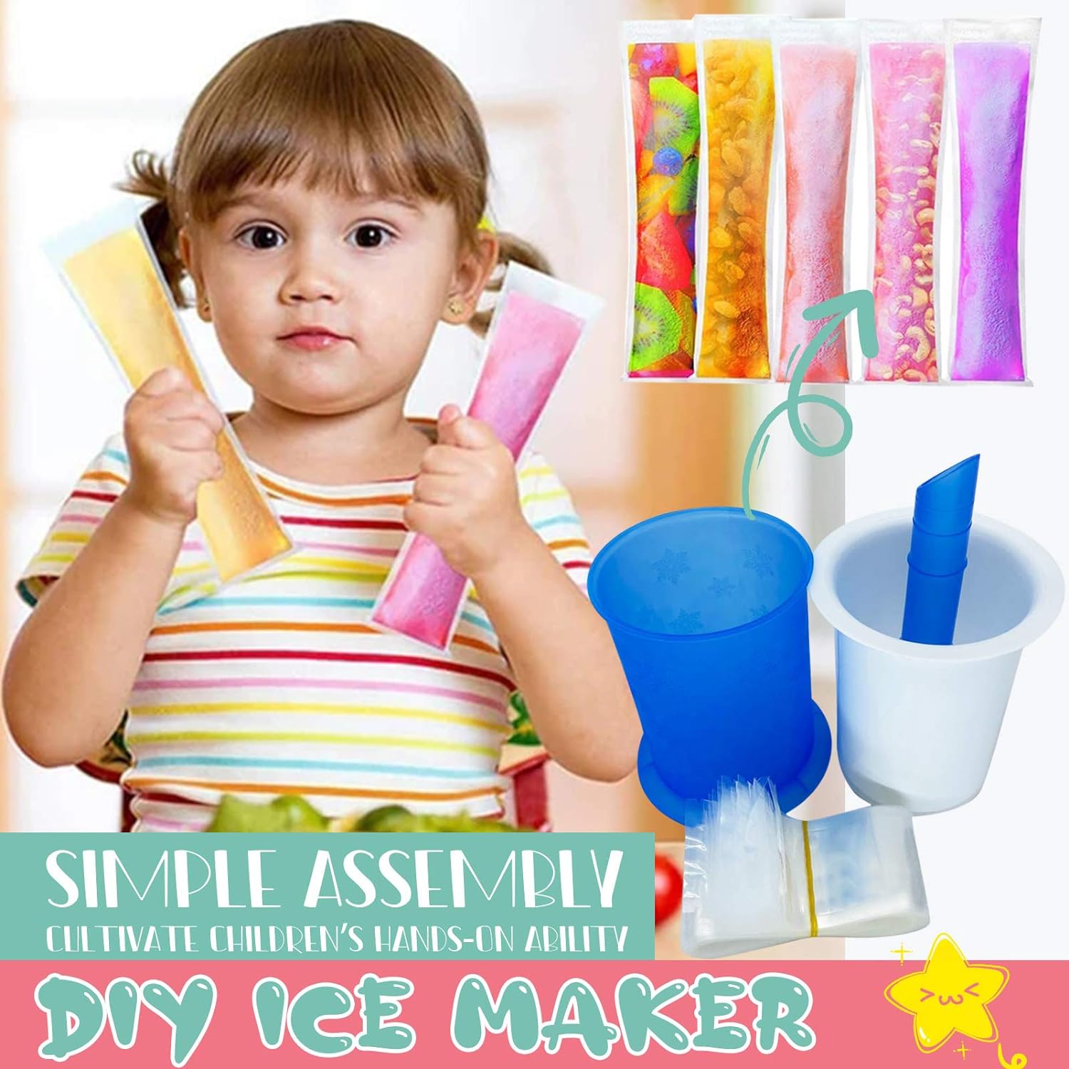 Homemade Popsicle Maker – Manual Ice Cream Mold with 20 Packing Bags, DIY Reusable for Kids & Adults