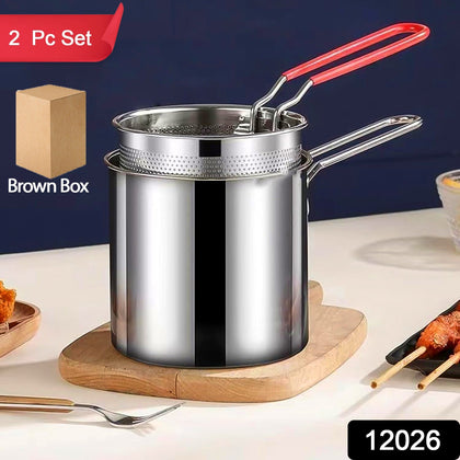 Small stainless steel deep frying pot with strainer basket set