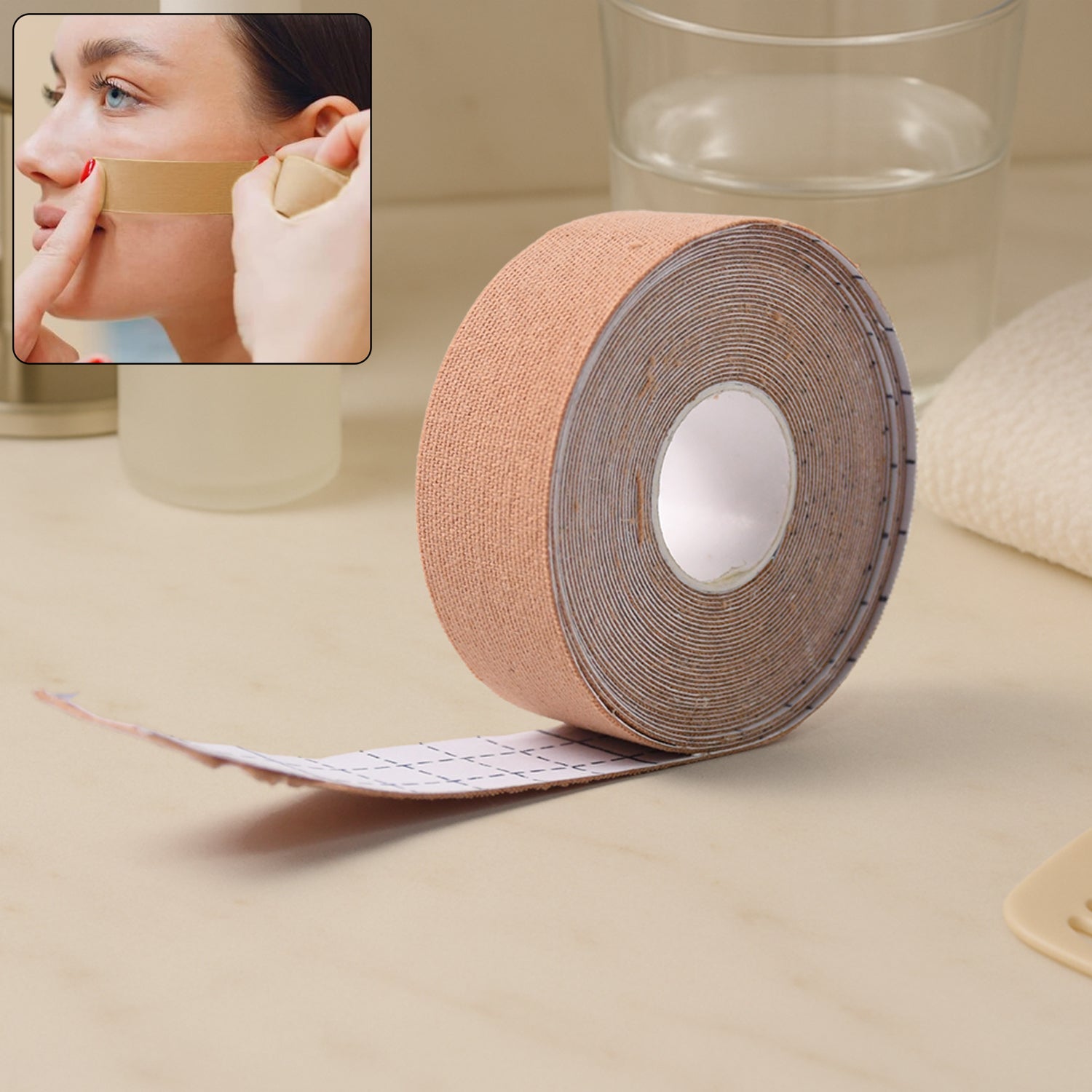 Woman applying face lifting tape to her cheek for an anti-wrinkle effect.