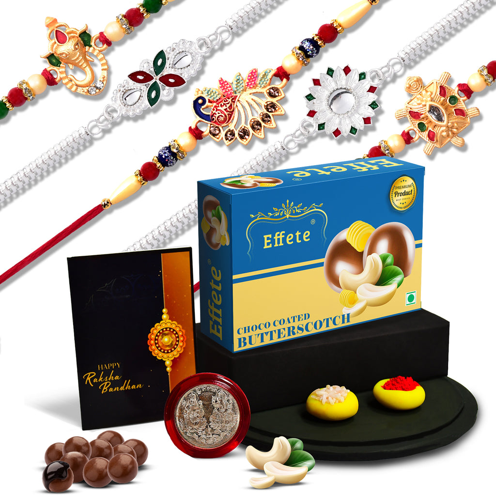 Close-up of the Rakhi gift set contents, including a traditional Tilak set and greeting card.