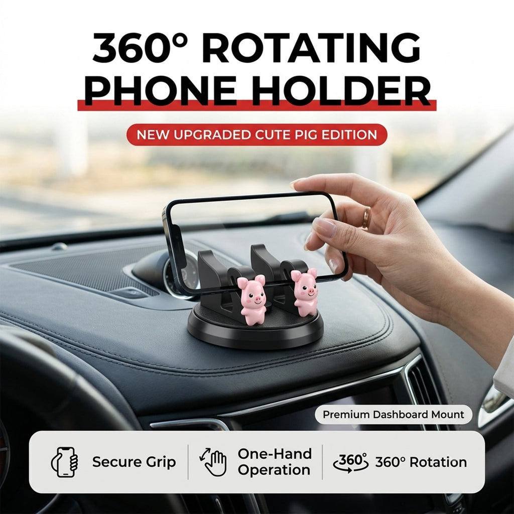 A hand placing a smartphone into a black rotating phone holder with two pink pig figurines on a car dashboard