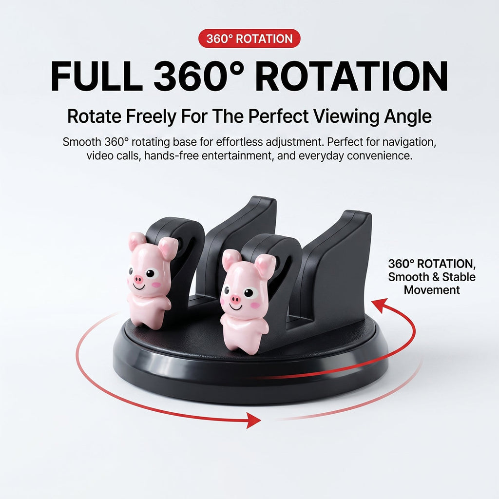 A black phone holder with two pink pig figurines, illustrating its 360-degree rotation capability.