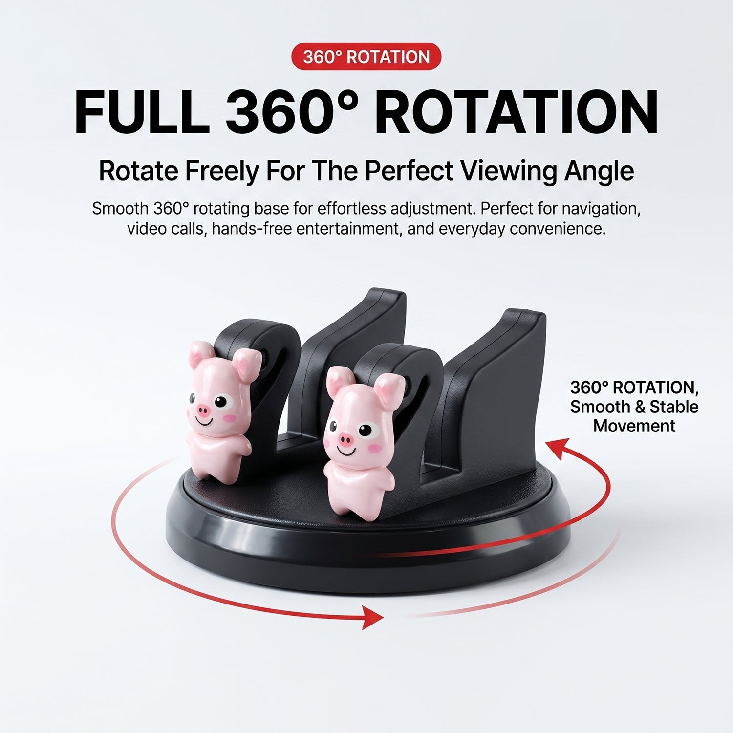 A black phone holder with two pink pig figurines, illustrating its 360-degree rotation capability.