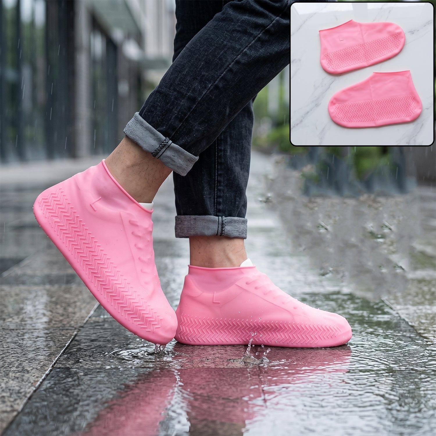 A person wears pink silicone shoe covers with zigzag treads on a wet sidewalk in the rain; a smaller inset shows the pair of