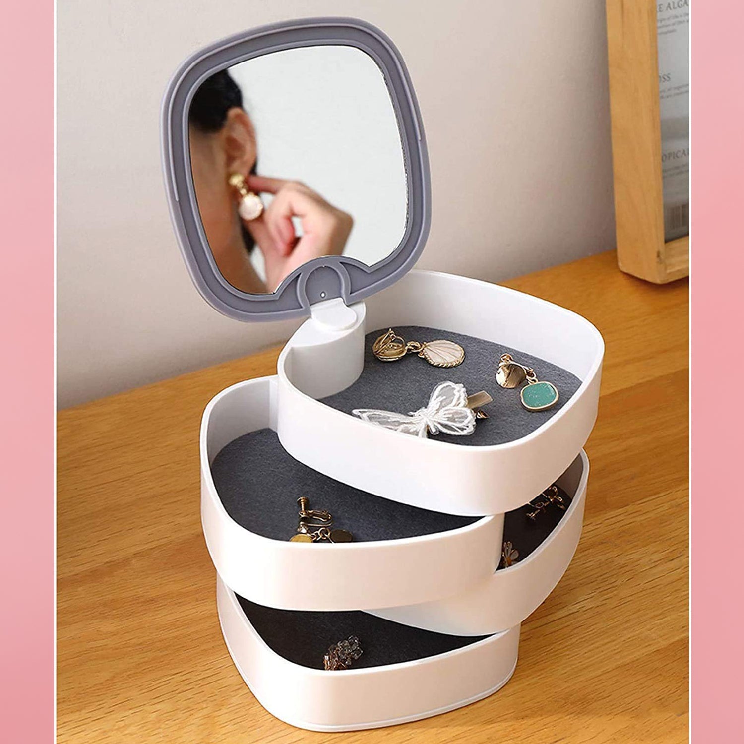 Top view of jewelry box showing 360 degree rotatable layers