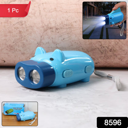 A compact hand press torch with two LED lights and a pig-shaped design, ideal for emergencies.