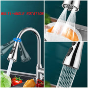 A four-panel image showing a chrome faucet with a pull-down sprayer and various water stream functions.