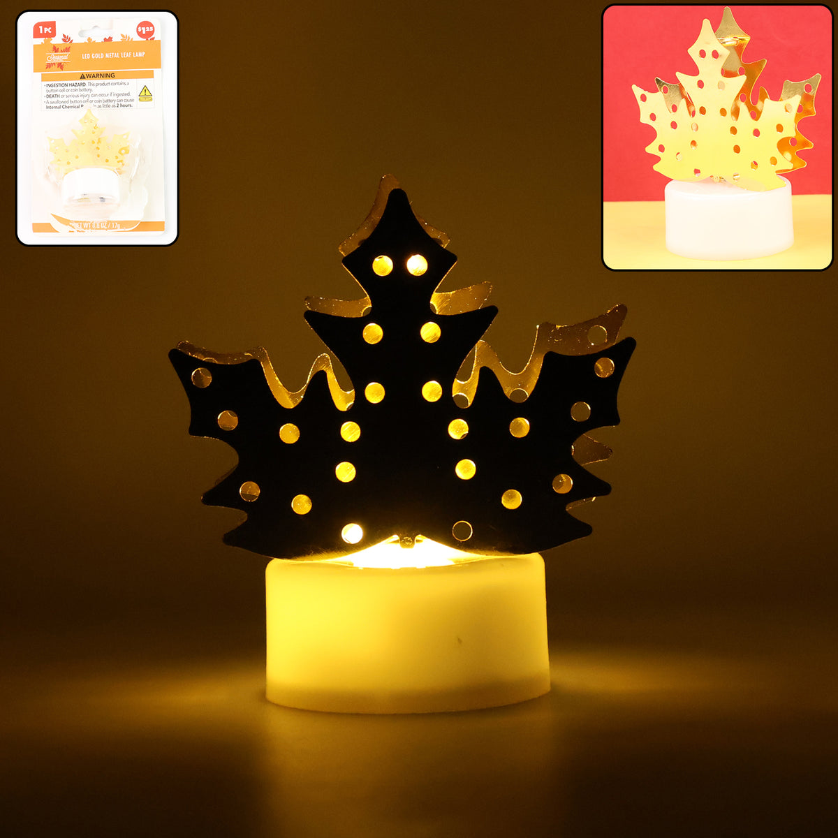 Close-up of decorative gold metal leaf design on LED diya lamp