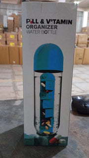 Product packaging for a "Pill & Vitamin Organizer Water Bottle" with an illustration of the blue bottle.