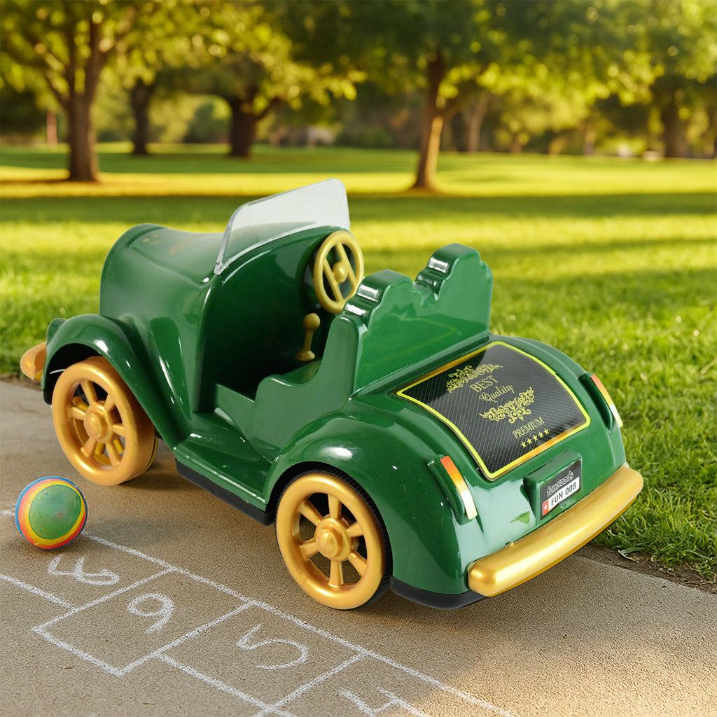 Funwoods vintage friction car toy in a child's hand, demonstrating its portable size