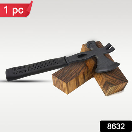 Close-up of the 3-in-1 multifunction axe with hammer head, blade, & nail puller