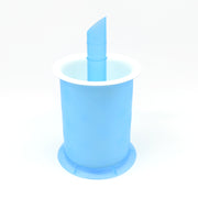 A blue and white popsicle maker with a blue plunger on a white background.