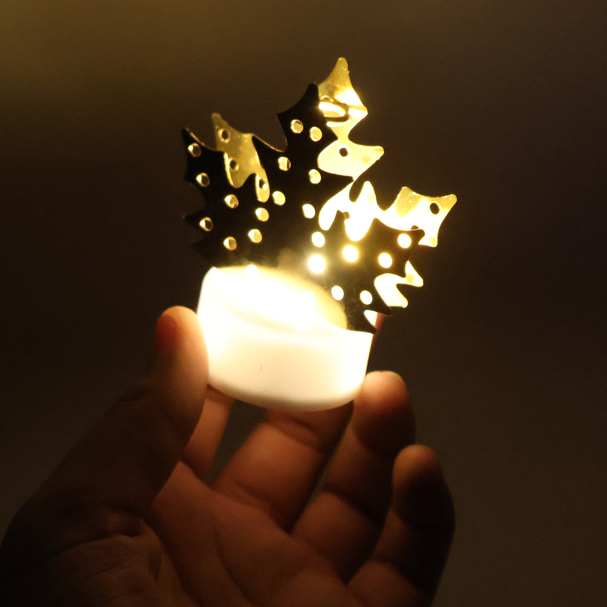 Side view of battery operated LED diya lamp with gold metal leaf