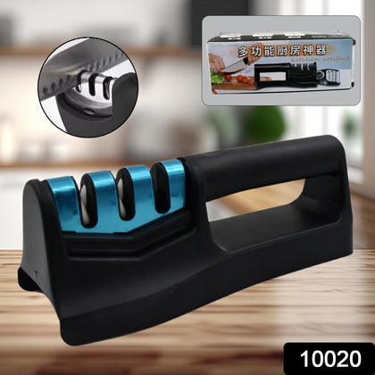 Handheld 3-step kitchen knife sharpener on white background