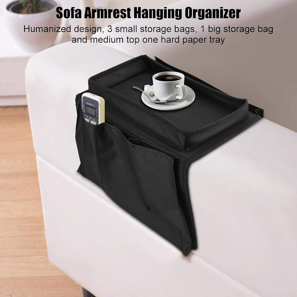 Top view of 8164 sofa armrest storage bag with items inside