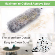 A grey microfibre duster head covered in collected dust, with an illustration showing dust particles being trapped by the